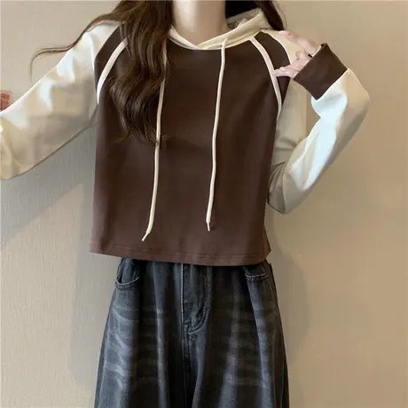小个子短款撞色拼接长袖T恤女初秋宽松韩版百搭插肩袖连帽上衣服商品大图