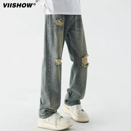 VIISHOW宽松破洞牛仔裤男美式复古秋季直筒裤潮牌炸街阔腿长裤子商品大图