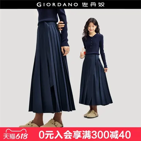 佐丹奴百褶裙女新款压褶腰带半松紧腰裙子绒面西装半身裙18464228图片
