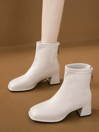 网红爆款马丁靴女2023年新款秋冬炸街瘦瘦靴方头粗跟配裙子小短靴图片