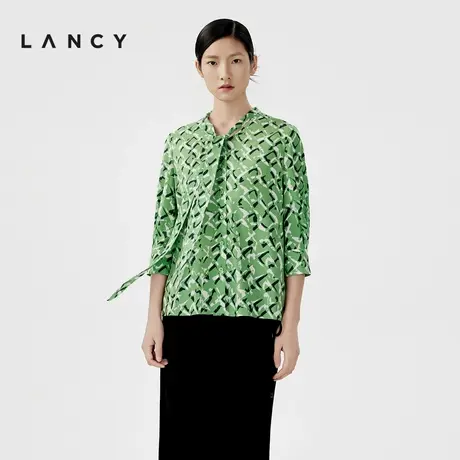 LANCY/朗姿2024夏季新款法式真丝印花飘带衬衫女翠绿色九分袖上衣图片