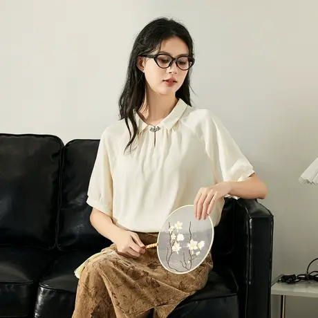 唐狮夏季新款新中式国风短袖衬衫女轻薄显瘦衬衣气质小个子图片