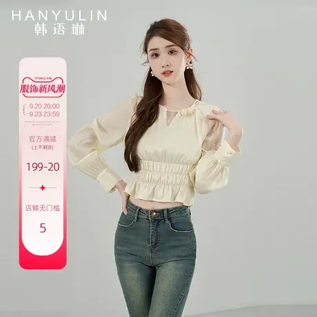 韩语琳长袖衬衫女2023新款设计感小众春秋法式高级感收腰小衫上衣图片