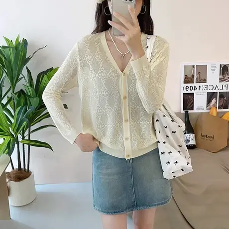 薄款针织开衫女2025春夏韩系冰丝防晒衫v领披肩外套镂空罩衫上衣商品大图