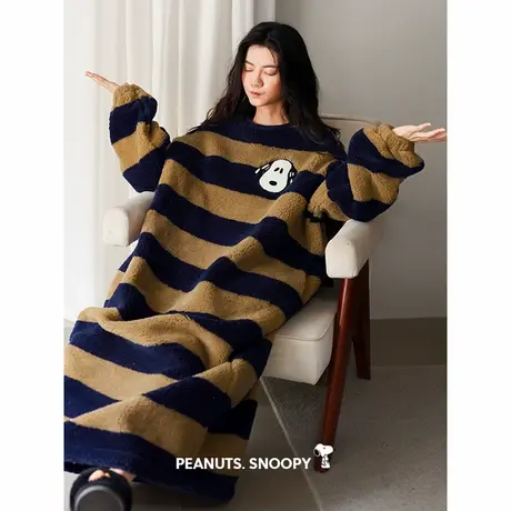 贝妍史努比睡衣女秋冬季加厚珊瑚绒休闲条纹女大码法兰绒睡裙长裙商品大图