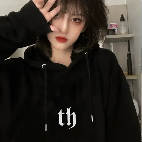 美式秋冬连帽外套女vintage大码bf慵懒风情侣卫衣潮牌ins加绒上衣商品大图