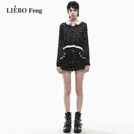 裂帛LIEBOFeng商场同款2023年设计师甜酷V领黑色华夫格镂空针织衫商品大图