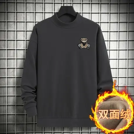 半高领卫衣男秋冬款潮流百搭加绒保暖双面绒中领无帽小熊长袖t恤商品大图