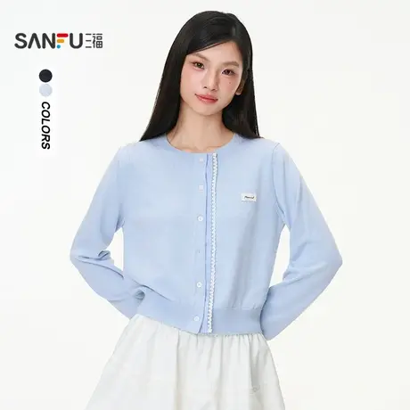 三福毛衣2025秋季格子蕾丝门襟袖口拼接开衫上衣女装508108商品大图