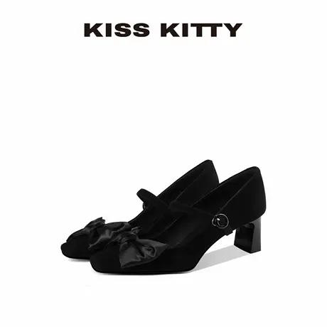KISSKITTY玛丽珍女鞋2025新款羊反绒黑色粗跟方头蝴蝶结高跟单鞋图片