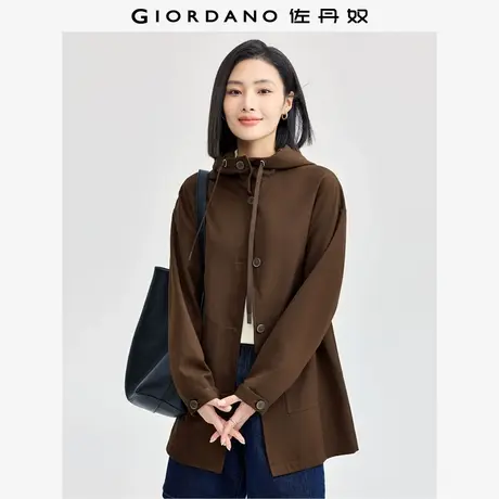 佐丹奴外套女装磨毛大口袋连帽中长款梭织休闲外套 05374684商品大图