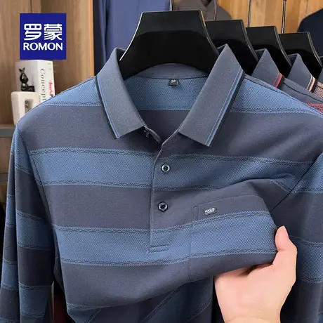 罗蒙男士商务休闲长袖Polo衫2025秋季打底衫简约舒适条纹百搭T恤图片