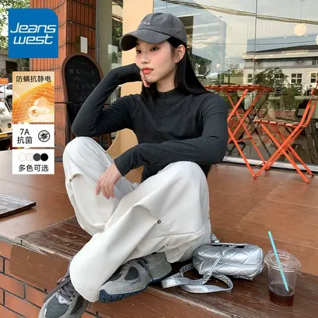KV真维斯灰色薄绒半开衫长袖t恤女秋2025新款修身显瘦立领打底衫商品大图