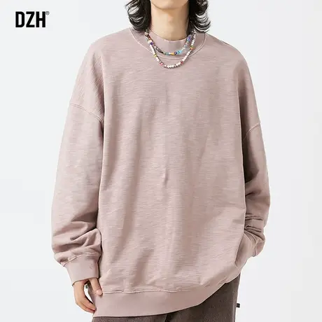 男士粉色圆领卫衣男美式重磅秋季打底衫上衣纯色长袖t恤2023新款商品大图