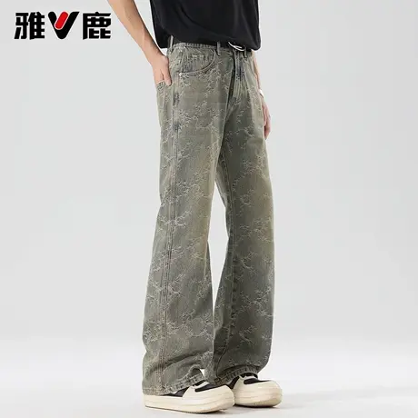 雅鹿2026春季新款宽松黄泥裤微喇叭做旧破洞牛仔裤男青年弯刀长裤图片