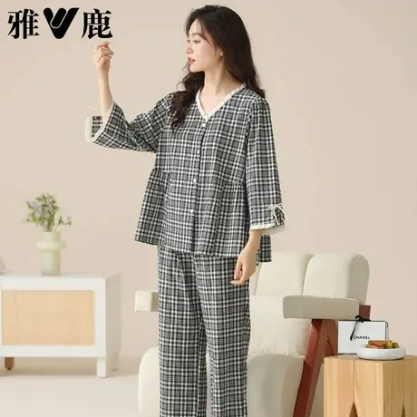 雅鹿纯棉睡衣女梭织棉纱布七分袖八分裤2025夏季薄款可外穿家居服商品大图