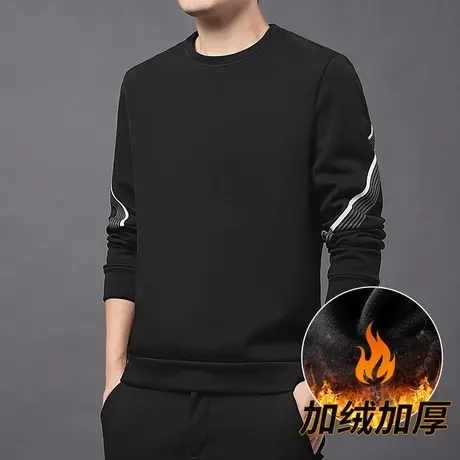 冬季加绒男士卫衣加肥加大圆领打底衫秋冬款保暖大码长袖中年秋装商品大图