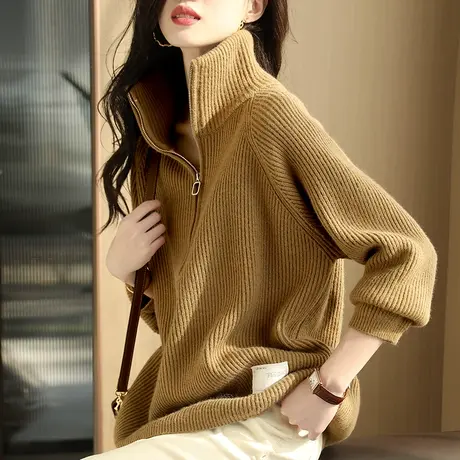 宝诗黎宽松复古纯色上衣高领套头慵懒针织衫女装新款2023打底毛衣图片