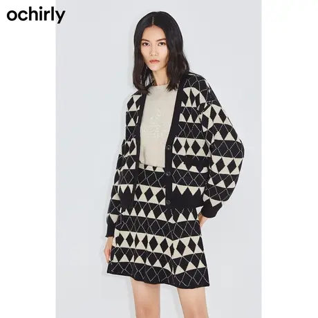 ochirly欧时力新款春装V领撞色条纹菱格复古羊毛针织开衫外套女商品大图