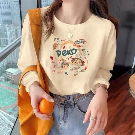 杏色纯棉长袖t恤女装2023新款秋冬季洋气加绒内搭打底衫卡通上衣图片
