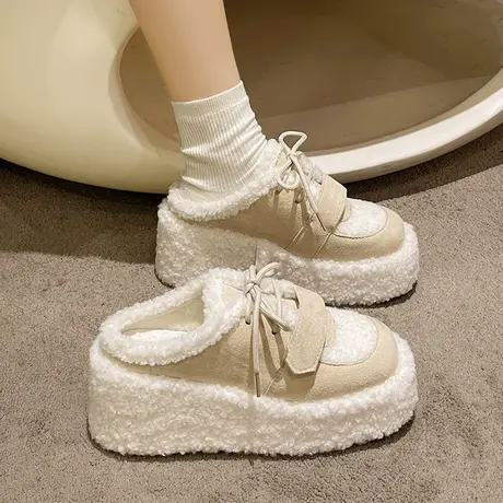 小香风羊羔毛坡跟包头毛毛拖鞋女外穿2023年新款高级感欧货棉拖鞋商品大图