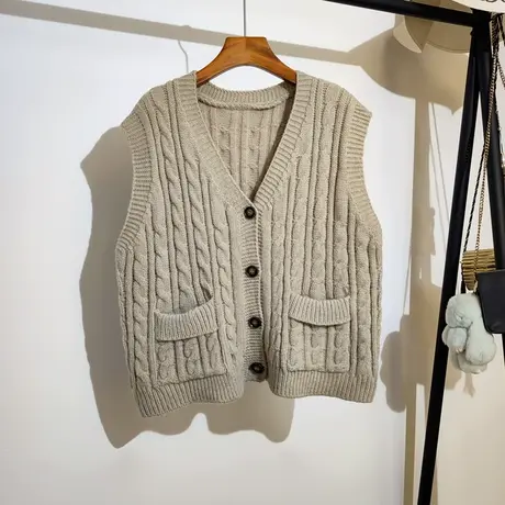 麻花针织马甲开衫女秋冬装2023新款宽松v领口袋毛线背心上衣外套商品大图
