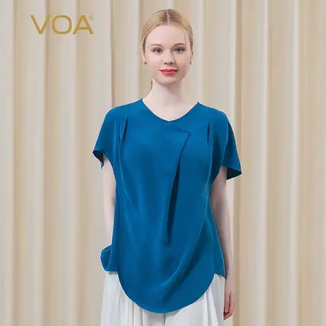 VOA30姆米真丝重磅爱丽丝蓝纯色V领褶皱不对称短袖休闲桑蚕丝T恤图片