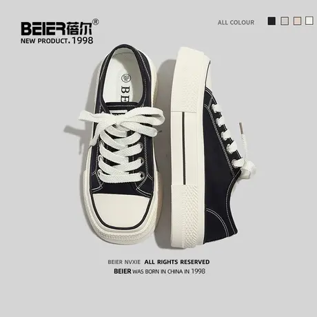 蓓尔帆布鞋女2023新款夏韩版百搭复古方头休闲鞋厚底松糕学生单鞋商品大图