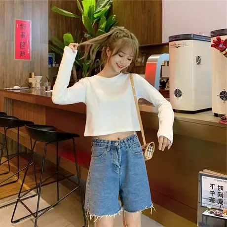 2023年新款春秋季女装早秋小众设计感上衣服露脐短款宽松长袖t恤商品大图