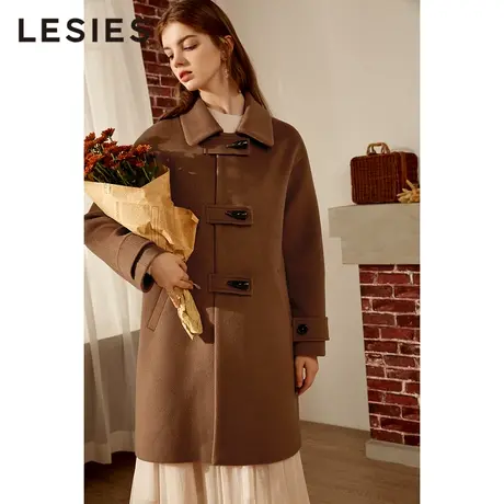 LESIES蓝色倾情秋冬季女装新款减龄牛角扣直筒型羊毛呢子大衣外套图片