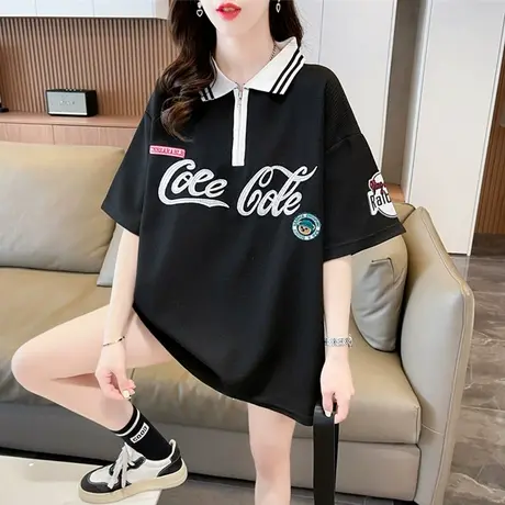 翻领polo衫短袖t恤女夏季韩版宽松大码女装中长款撞色半袖上衣服商品大图
