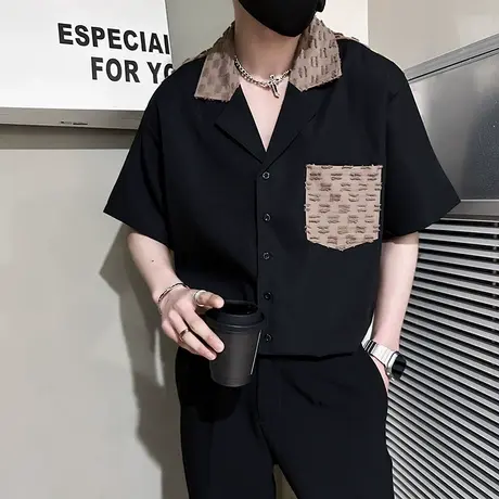 夏季男士个性潮流五分袖短袖衬衫2023夏上新翻领理发师男中袖衬衣商品大图