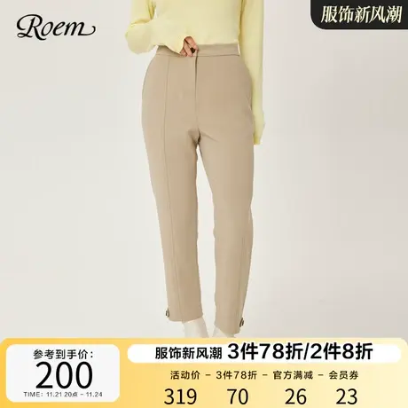 Roem秋冬 商场同款时尚休闲纯色直筒裤复古简约无袢高腰长裤图片