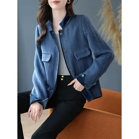 宝诗黎小立领丝绒拼接气质西装短款外套女通勤单排扣上衣2023秋季商品大图