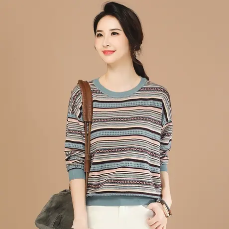 韩朝袭人民族风条纹圆领针织衫女2023冬装新款宽松打底毛衣上衣商品大图
