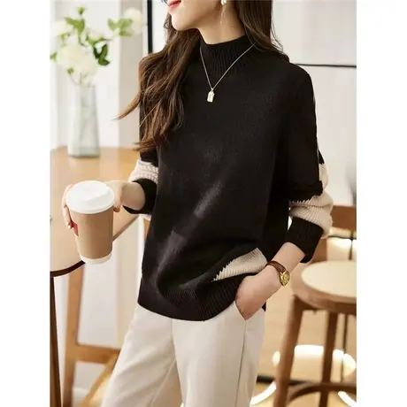 半高领拼色针织衫女2023年秋冬季新款宽松内搭长袖针织洋气上衣女商品大图