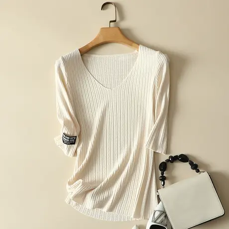 春夏2023年新款冰丝针织打底衫女毛衣内搭五分袖上衣宽松短袖t恤商品大图