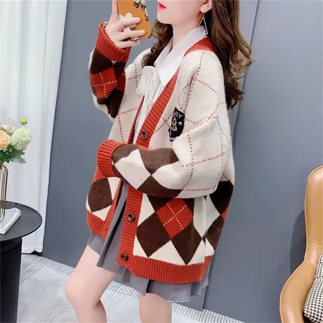 日系复古学院风菱格毛衣外套女秋冬新款女装宽松洋气针织开衫上衣商品大图