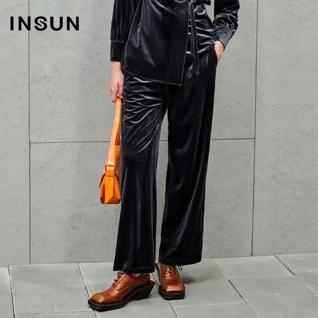 INSUN恩裳专选秋季丝绒直筒阔腿弹力休闲裤商品大图
