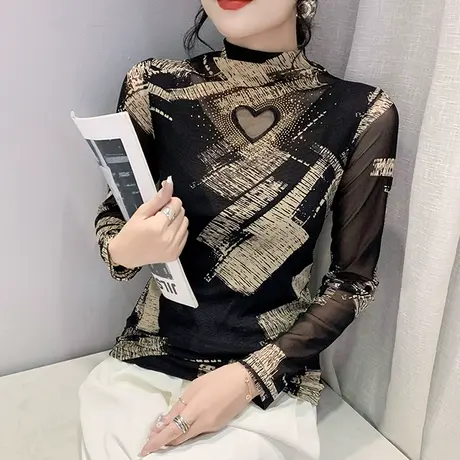 半高领加绒打底衫女秋冬内搭洋气网纱上衣性感镂空显瘦长袖T恤ins商品大图