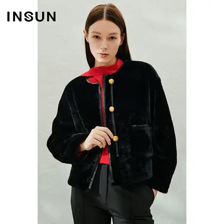 INSUN恩裳奥莱2023春季黑色皮草外套皮毛一体图片