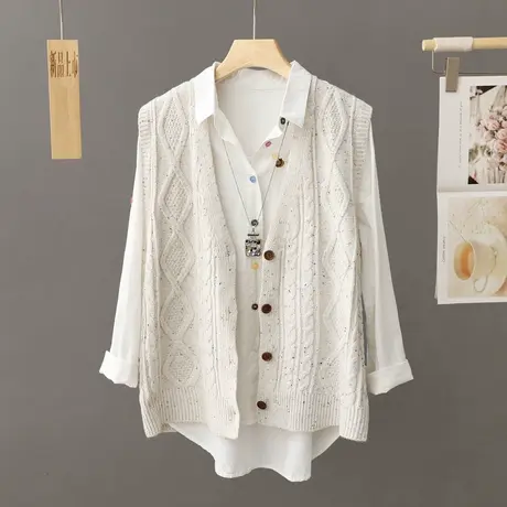 文艺纯色针织马甲背心春秋外搭针织女士毛衣坎肩V领宽松马夹外穿商品大图