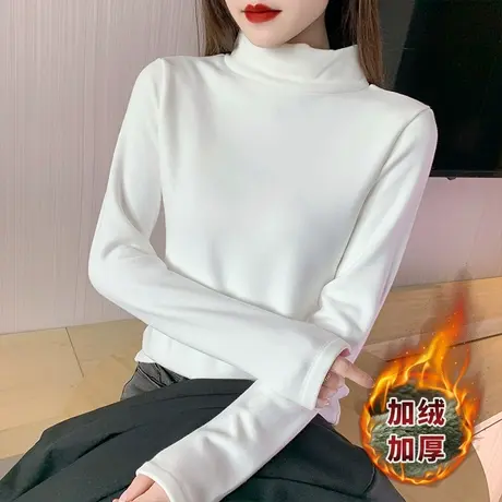 小高领长袖加绒t恤女棉2023秋冬保暖加厚气质百搭体恤外穿打底衫商品大图