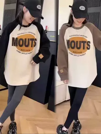 加绒拼色卫衣T恤2023秋冬季宽松新款圆领长袖字母中长款印花上衣商品大图