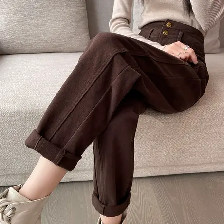 加绒加厚哈伦牛仔裤女秋冬2023新款高腰显瘦咖色直筒萝卜老爹裤子商品大图