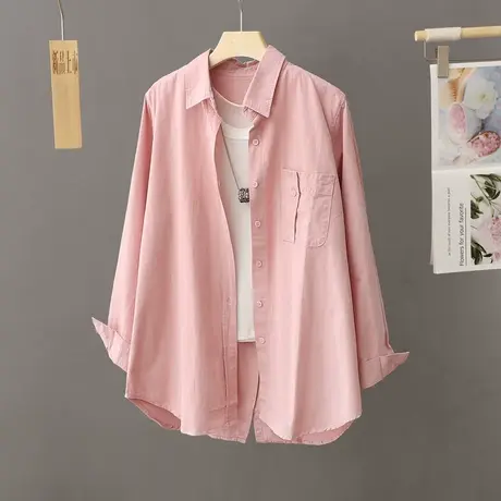 慵懒风粉色衬衫女中长款上衣秋季2023新款韩版宽松开衫小个子外套图片