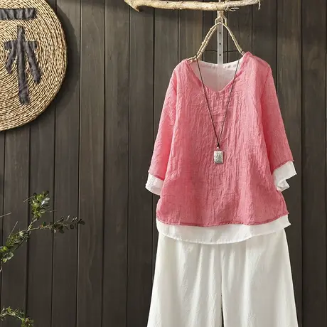 枫谜2019年夏季新款 文艺中国风棉麻套头V领衬衫女宽松中袖上衣图片