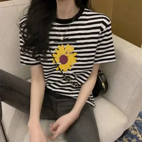 欧货百搭圆领黑白条纹爱心短袖t恤女装2024年夏季早春秋宽松上衣商品大图
