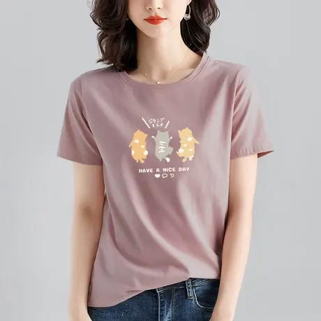 2022夏季纯棉短袖t恤女士宽松大码纯色白色圆领体恤学生半袖上衣商品大图