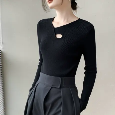 针织长袖打底衫女独特秋冬内搭毛衣高级感镂空不规则领口修身上衣商品大图